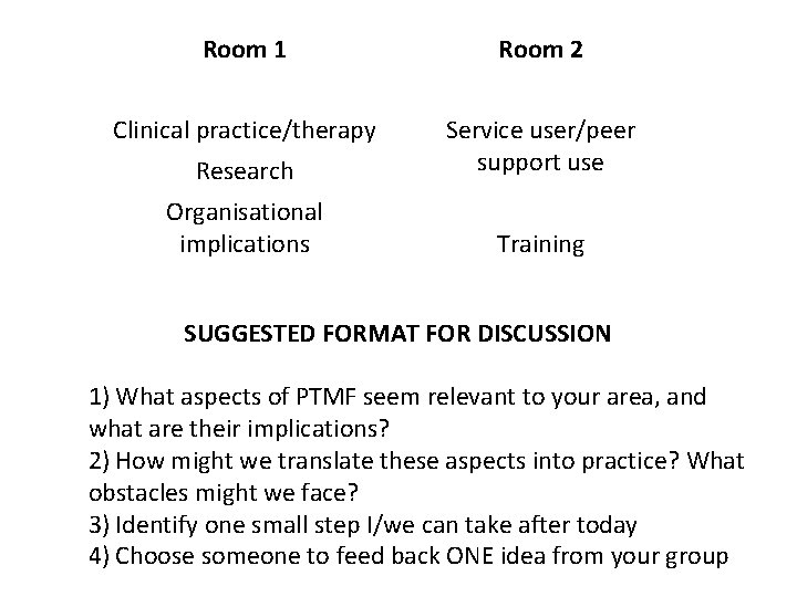 Room 1 Room 2 Clinical practice/therapy Research Service user/peer support use Organisational implications Training