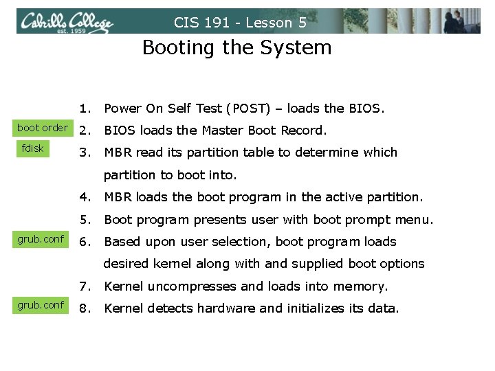 CIS 191 - Lesson 5 Booting the System 1. Power On Self Test (POST)