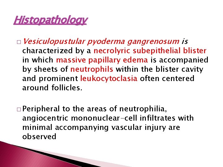 Histopathology � Vesiculopustular pyoderma gangrenosum is characterized by a necrolyric subepithelial blister in which