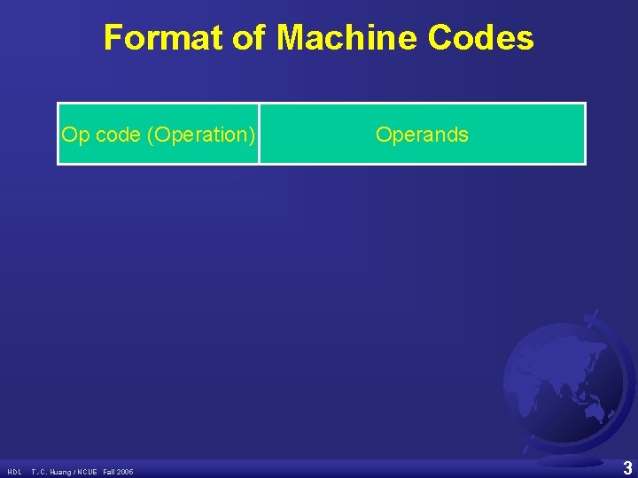 Format of Machine Codes Op code (Operation) HDL T. -C. Huang / NCUE Fall