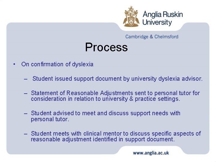 Process • On confirmation of dyslexia – Student issued support document by university dyslexia