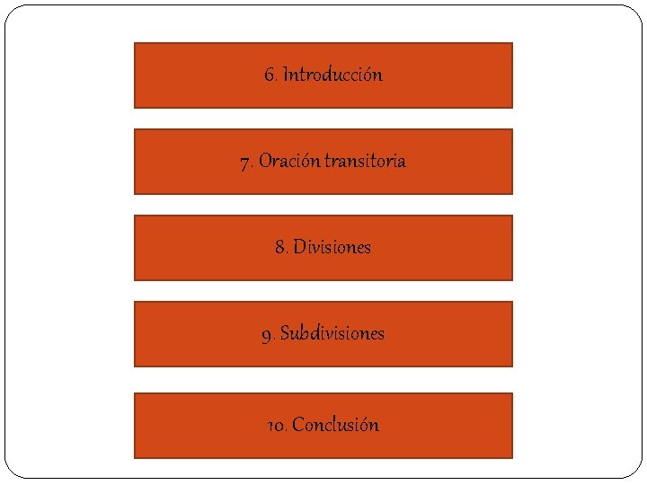 6. Introducción 7. Oración transitoria 8. Divisiones 9. Subdivisiones 10. Conclusión 6. Introducción 7. Oración transitoria 8. Divisiones 9. Subdivisiones 10. Conclusión