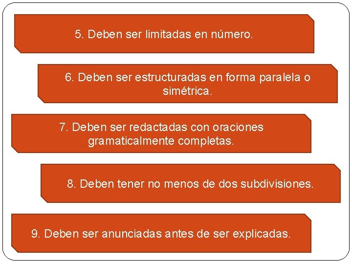 5. Deben ser limitadas en número. 6. Deben ser estructuradas en forma paralela o