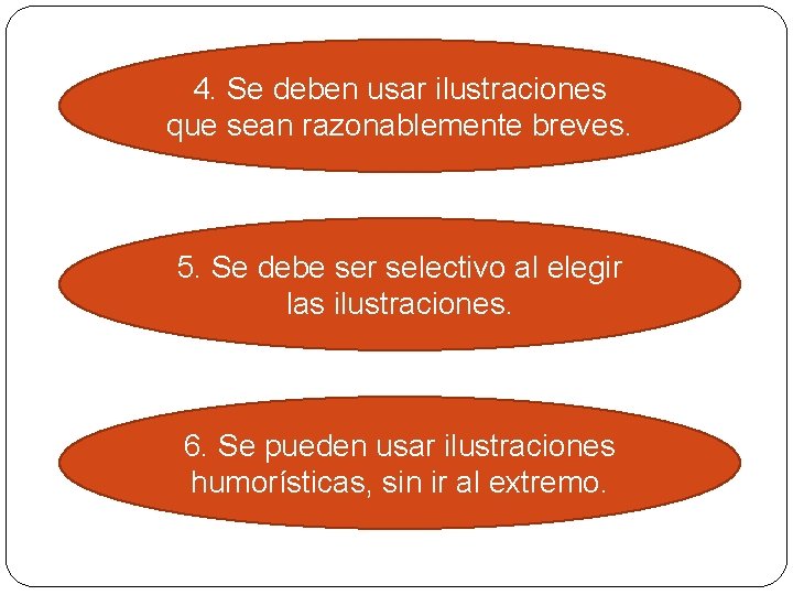 4. Se deben usar ilustraciones que sean razonablemente breves. 5. Se debe ser selectivo