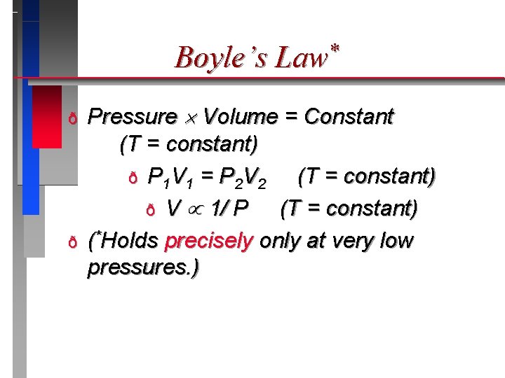 Boyle’s Law* ð ð Pressure Volume = Constant (T = constant) ð P 1