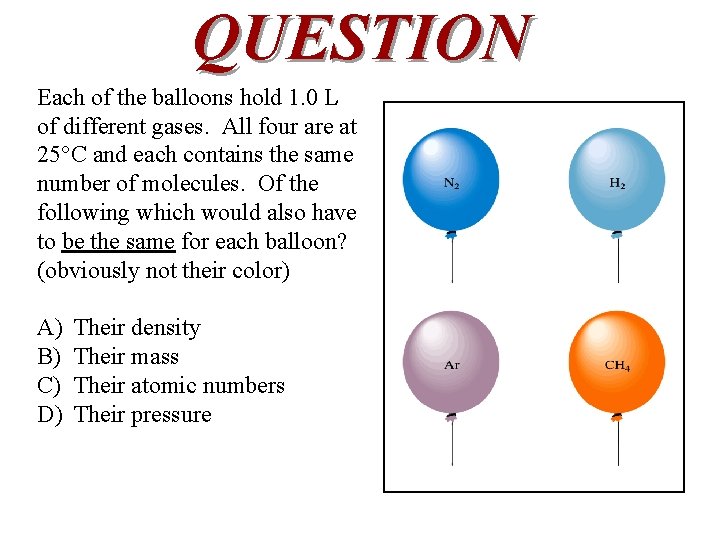 QUESTION Each of the balloons hold 1. 0 L of different gases. All four