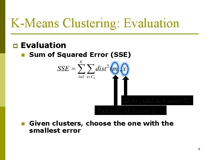 K-Means Clustering: Evaluation p Evaluation n Sum of Squared Error (SSE) Data point in