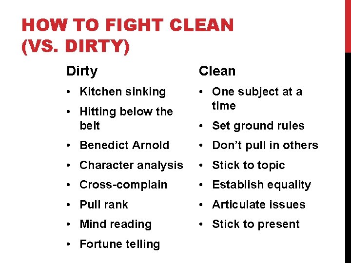HOW TO FIGHT CLEAN (VS. DIRTY) Dirty Clean • Kitchen sinking • One subject