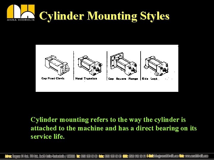 Cylinder Mounting Styles Cylinder mounting refers to the way the cylinder is attached to