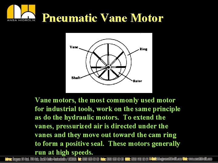 Pneumatic Vane Motor Vane motors, the most commonly used motor for industrial tools, work