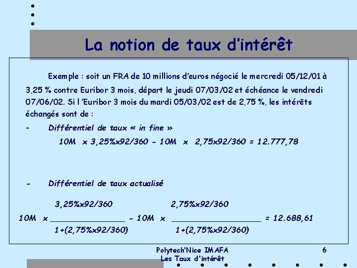 La notion de taux d’intérêt Exemple : soit un FRA de 10 millions d’euros