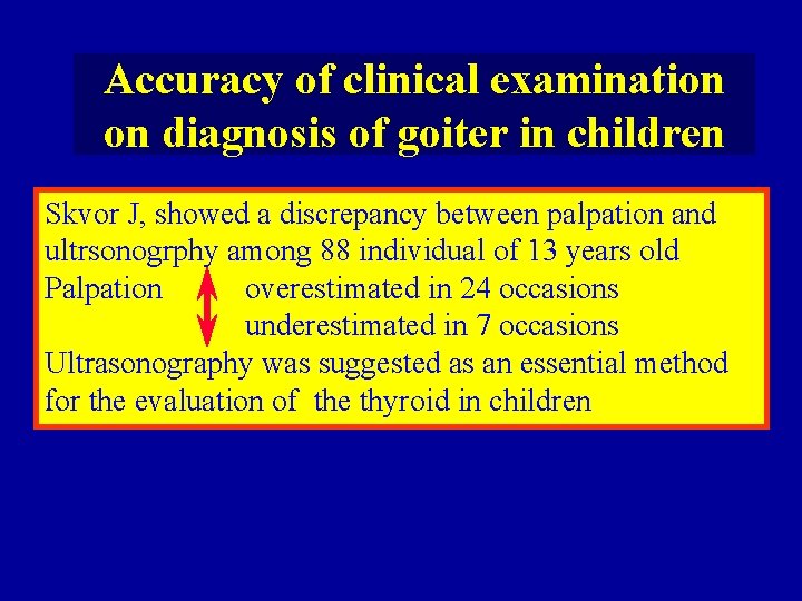 Accuracy of clinical examination on diagnosis of goiter in children Skvor J, showed a