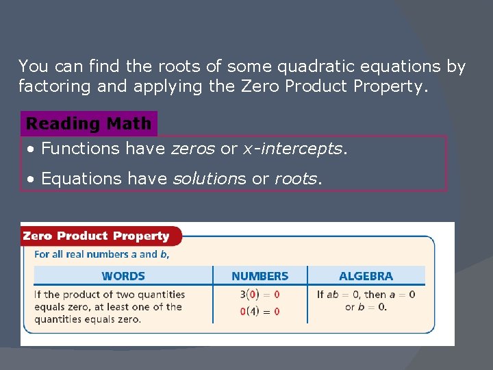 You can find the roots of some quadratic equations by factoring and applying the