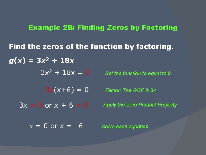 Example 2 B: Finding Zeros by Factoring Find the zeros of the function by