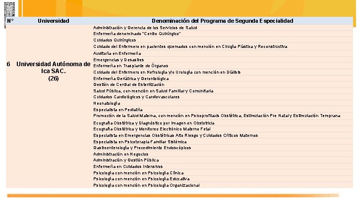 N° Universidad Denominación del Programa de Segunda Especialidad Administración y Gerencia de los Servicios