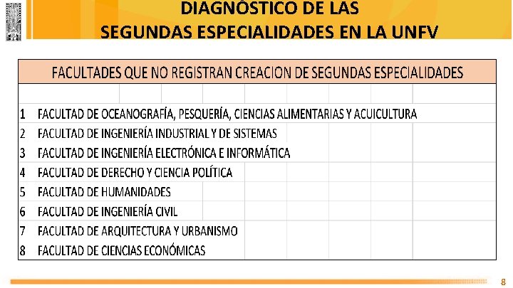 DIAGNÓSTICO DE LAS SEGUNDAS ESPECIALIDADES EN LA UNFV 8 