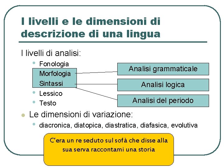 I livelli e le dimensioni di descrizione di una lingua I livelli di analisi: I livelli e le dimensioni di descrizione di una lingua I livelli di analisi: