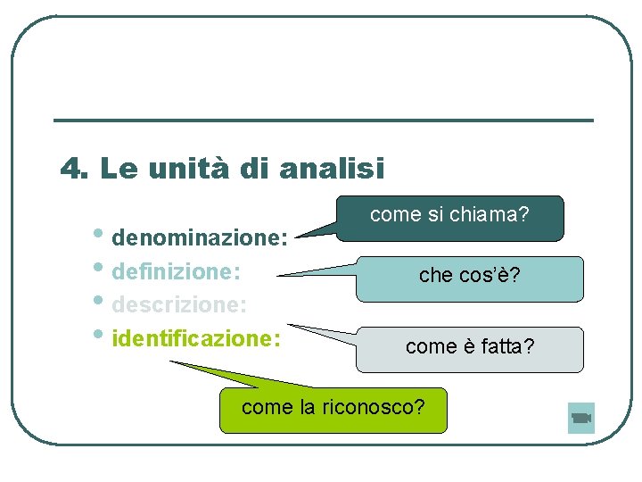 4. Le unità di analisi • denominazione: • definizione: • descrizione: • identificazione: come 4. Le unità di analisi • denominazione: • definizione: • descrizione: • identificazione: come