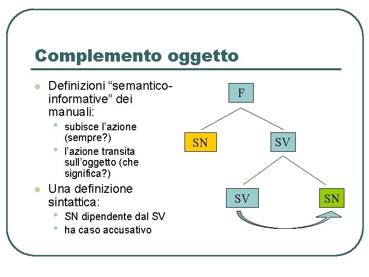 Complemento oggetto l Definizioni “semanticoinformative” dei manuali: • • l subisce l’azione (sempre? ) Complemento oggetto l Definizioni “semanticoinformative” dei manuali: • • l subisce l’azione (sempre? )