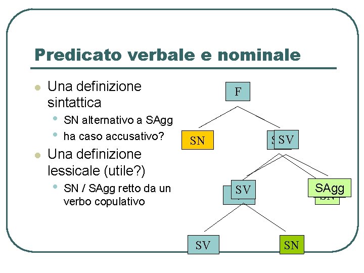 Predicato verbale e nominale l Una definizione sintattica • • l SN alternativo a Predicato verbale e nominale l Una definizione sintattica • • l SN alternativo a