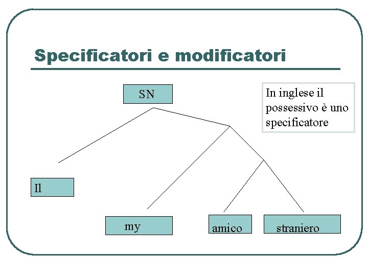 Specificatori e modificatori In inglese il possessivo è uno specificatore SN Il mio my Specificatori e modificatori In inglese il possessivo è uno specificatore SN Il mio my