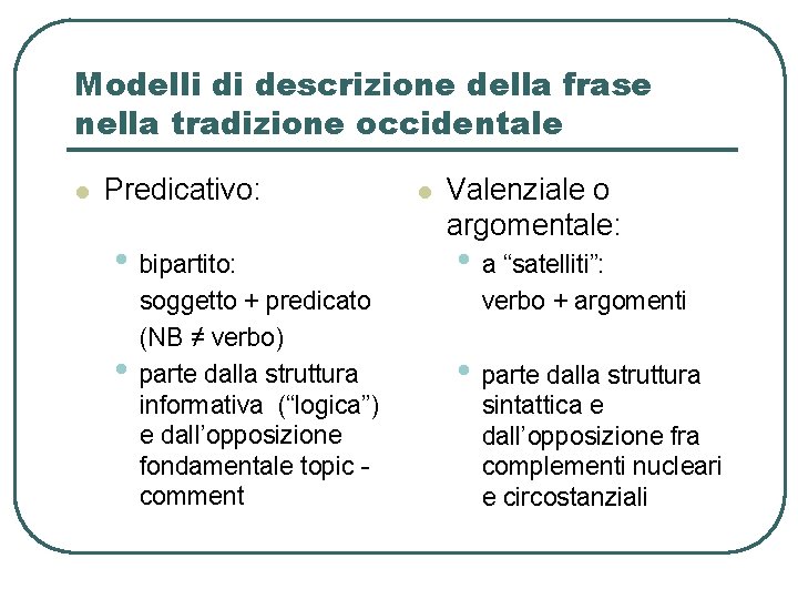 Modelli di descrizione della frase nella tradizione occidentale l Predicativo: • bipartito: • soggetto Modelli di descrizione della frase nella tradizione occidentale l Predicativo: • bipartito: • soggetto
