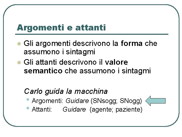 Argomenti e attanti l l Gli argomenti descrivono la forma che assumono i sintagmi Argomenti e attanti l l Gli argomenti descrivono la forma che assumono i sintagmi