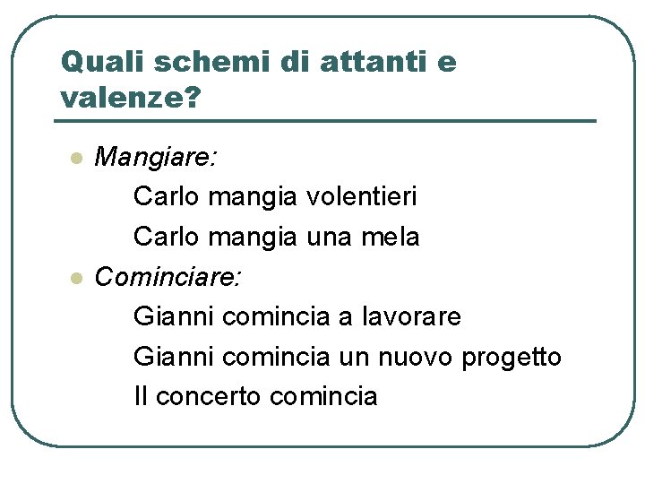 Quali schemi di attanti e valenze? l l Mangiare: Carlo mangia volentieri Carlo mangia Quali schemi di attanti e valenze? l l Mangiare: Carlo mangia volentieri Carlo mangia
