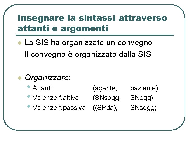 Insegnare la sintassi attraverso attanti e argomenti l La SIS ha organizzato un convegno Insegnare la sintassi attraverso attanti e argomenti l La SIS ha organizzato un convegno