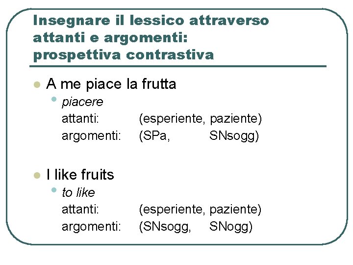Insegnare il lessico attraverso attanti e argomenti: prospettiva contrastiva l A me piace la Insegnare il lessico attraverso attanti e argomenti: prospettiva contrastiva l A me piace la