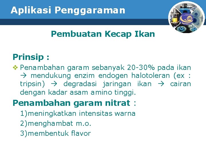 Aplikasi Penggaraman Pembuatan Kecap Ikan Prinsip : v Penambahan garam sebanyak 20 -30% pada