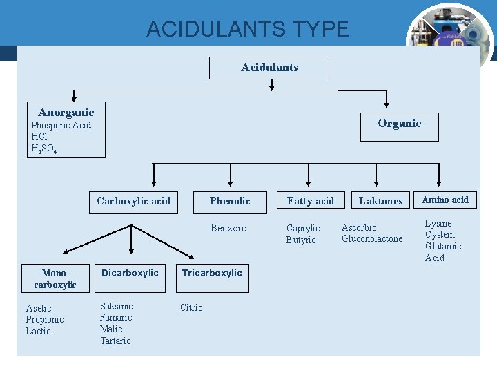 ACIDULANTS TYPE Acidulants Anorganic Organic Phosporic Acid HCl H 2 SO 4 Carboxylic acid