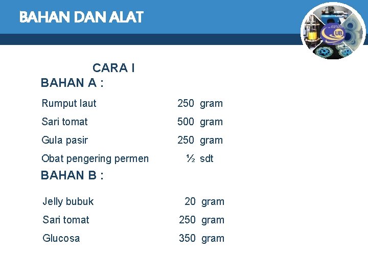 BAHAN DAN ALAT CARA I BAHAN A : Rumput laut 250 gram Sari tomat
