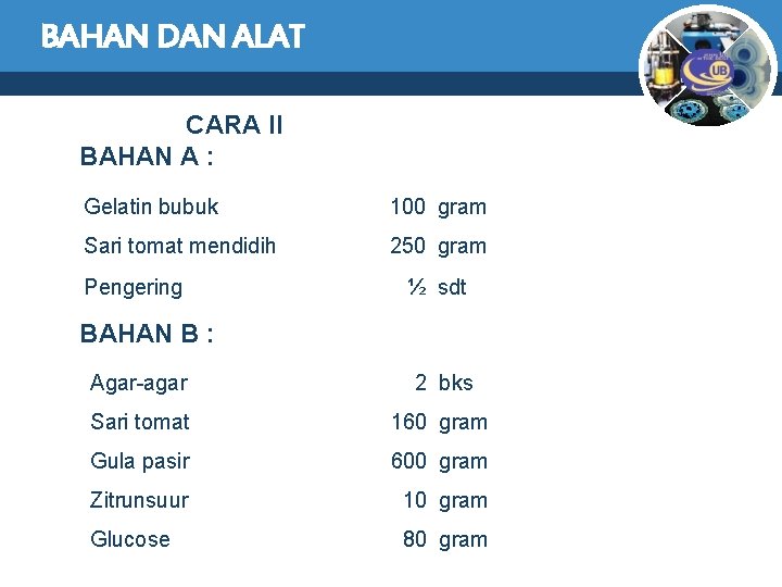 BAHAN DAN ALAT CARA II BAHAN A : Gelatin bubuk 100 gram Sari tomat