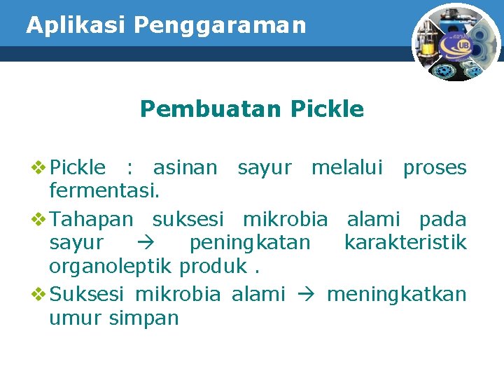 Aplikasi Penggaraman Pembuatan Pickle v Pickle : asinan sayur melalui proses fermentasi. v Tahapan