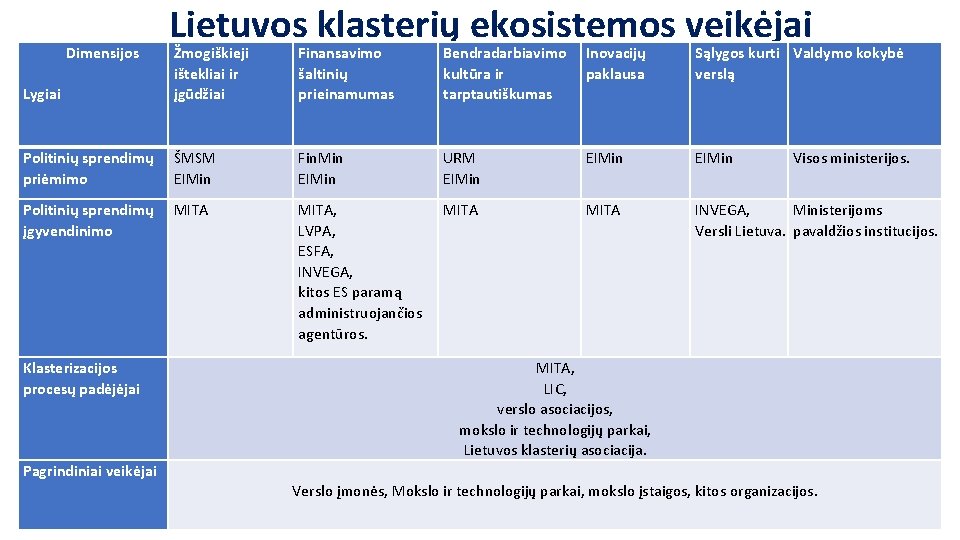  Dimensijos Lygiai Lietuvos klasterių ekosistemos veikėjai Žmogiškieji ištekliai ir įgūdžiai Finansavimo šaltinių prieinamumas