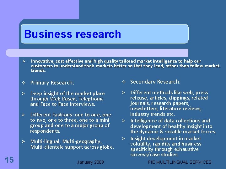 Business research Ø Innovative, cost effective and high quality tailored market intelligence to help