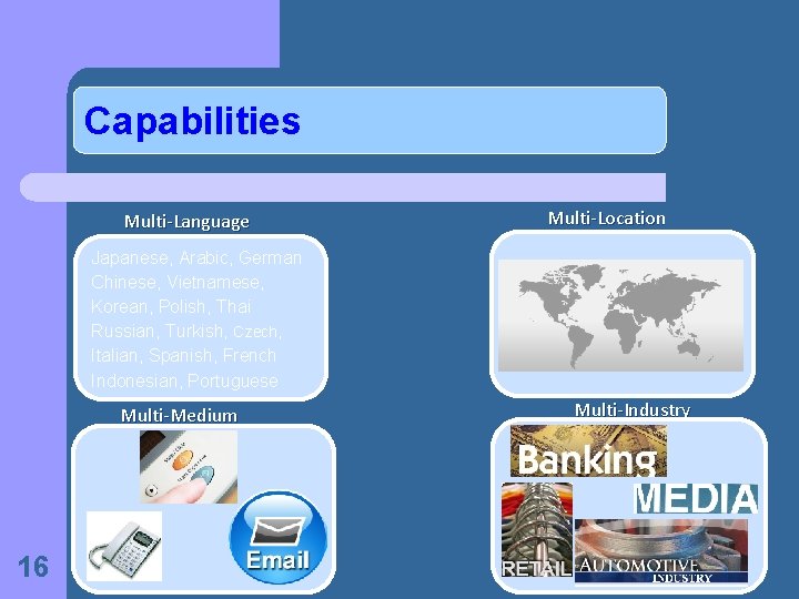 Capabilities Multi-Language Multi-Location Japanese, Arabic, German Chinese, Vietnamese, Korean, Polish, Thai Russian, Turkish, Czech,