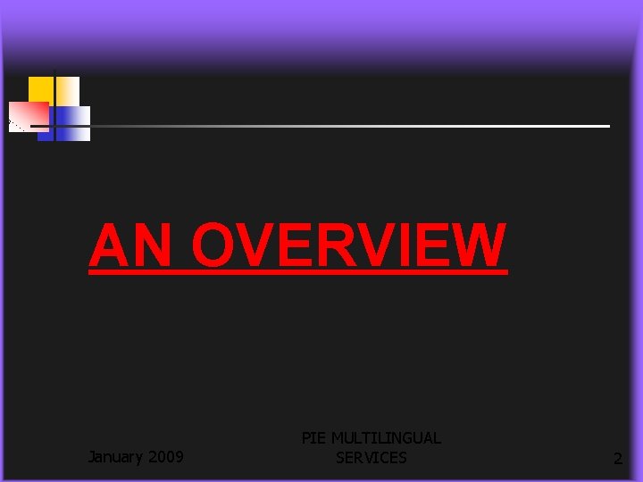 AN OVERVIEW January 2009 PIE MULTILINGUAL SERVICES 2 