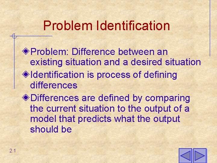 Problem Identification Problem: Difference between an existing situation and a desired situation Identification is