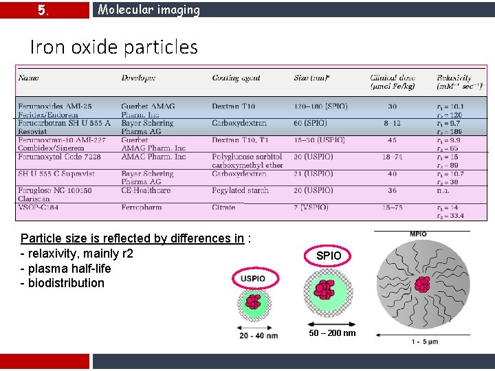 5. Molecular imaging Iron oxide particles Particle size is reflected by differences in :