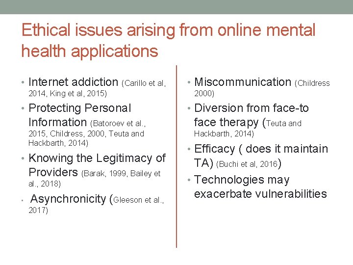 Ethical issues arising from online mental health applications • Internet addiction (Carillo et al,