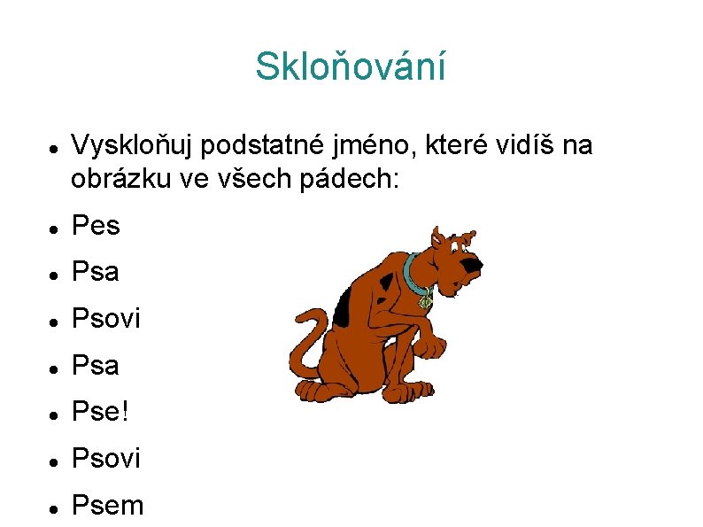 Skloňování Vyskloňuj podstatné jméno, které vidíš na obrázku ve všech pádech: Pes Psa Psovi