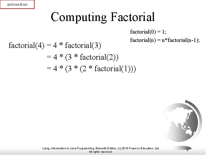 animation Computing Factorial factorial(0) = 1; factorial(n) = n*factorial(n-1); factorial(4) = 4 * factorial(3)