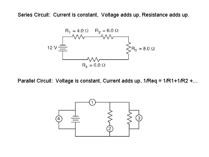 Series Circuit: Current is constant, Voltage adds up, Resistance adds up. Parallel Circuit: Voltage