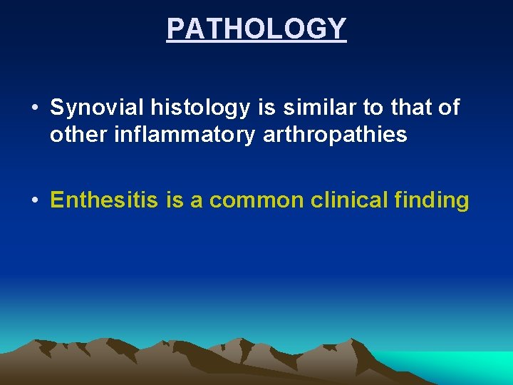 PATHOLOGY • Synovial histology is similar to that of other inflammatory arthropathies • Enthesitis