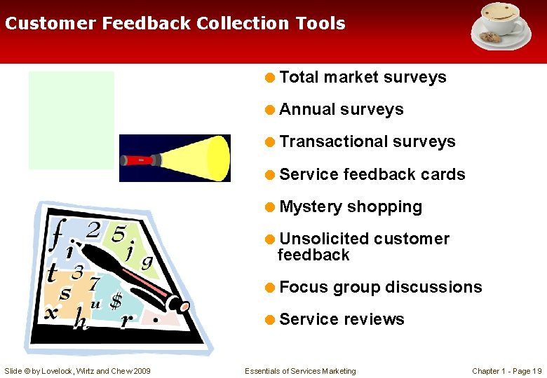 Customer Feedback Collection Tools =Total market surveys =Annual surveys =Transactional surveys =Service feedback cards Customer Feedback Collection Tools =Total market surveys =Annual surveys =Transactional surveys =Service feedback cards