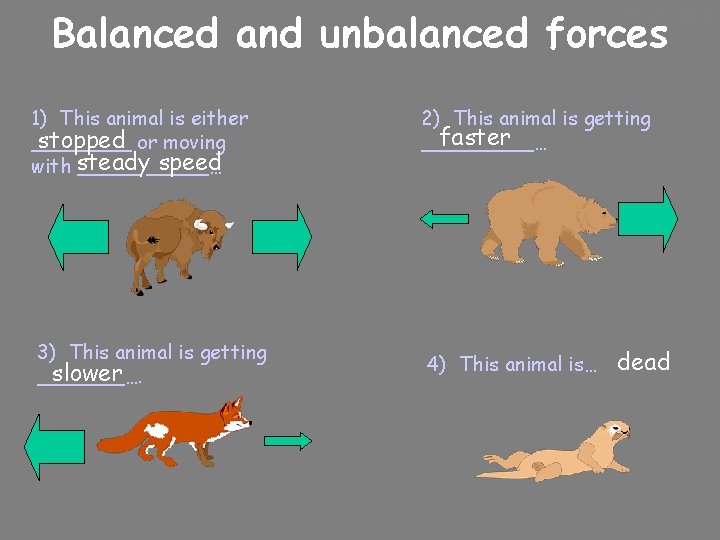 10/24/2020 Balanced and unbalanced forces 1) This animal is either stopped or moving ____