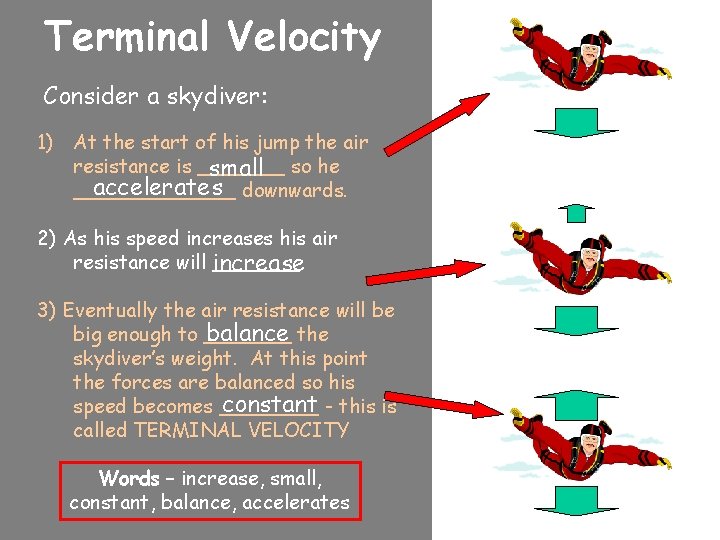 Terminal Velocity Consider a skydiver: 1) At the start of his jump the air