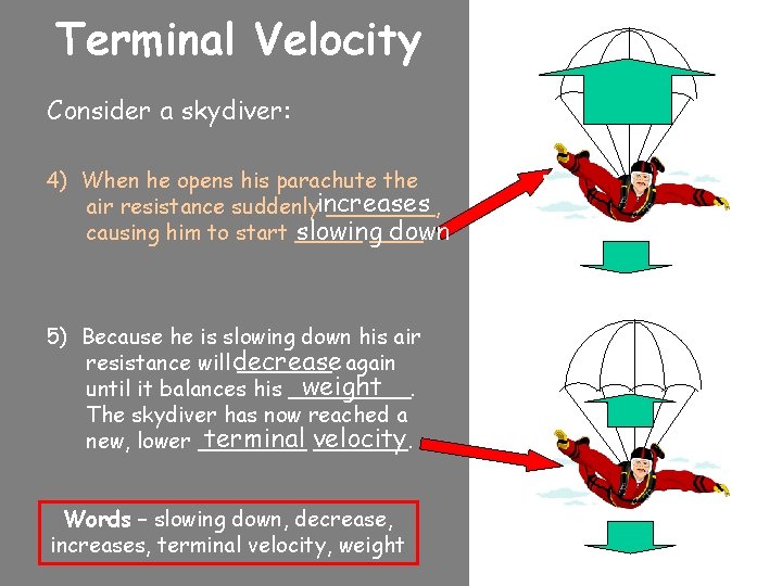 Terminal Velocity Consider a skydiver: 4) When he opens his parachute the air resistance